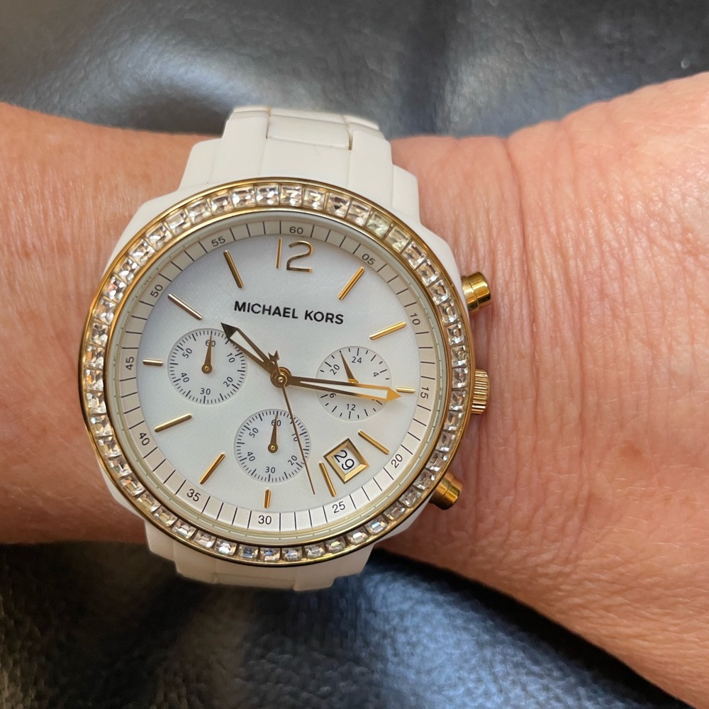Michael Kors Women's White and Gold Clear Crystal Accented Wrist Watch